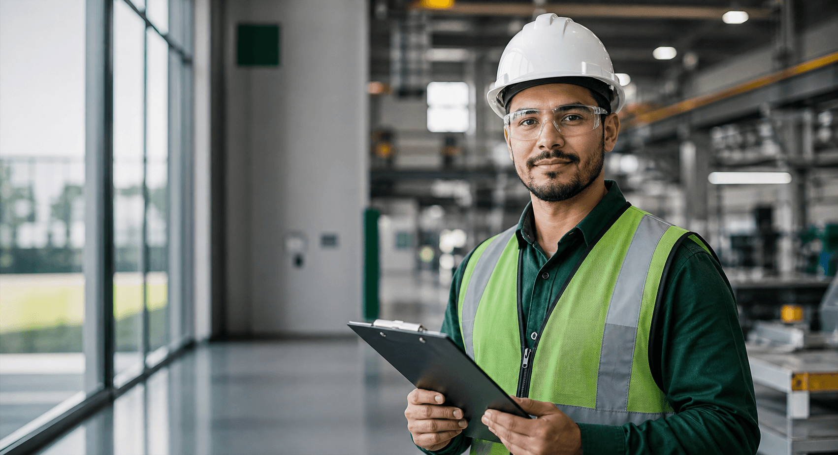 Técnico em segurança do trabalho com capacete branco, colete verde, óculos e prancheta